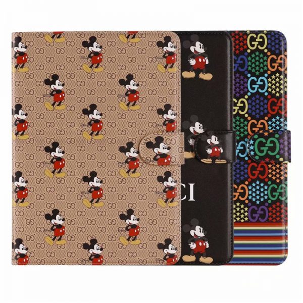 gucci ミッキー ipad pro 12.9 第二世代 ケース おしゃれ グッチ風 ipad mini4/5 保護カバー 高級 革 ipad6 ケース 頑丈 ブランドコピー アイパッド エアー ケース ブック型 カード収納