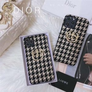 dior iphone15 ケース リング付き ブランド iphone14pro/14 ケース 千鳥柄 ディオール風 iphone13pro max/12/11 ケース 大人 女子 iphonexs max/xr ケース 刺繡風