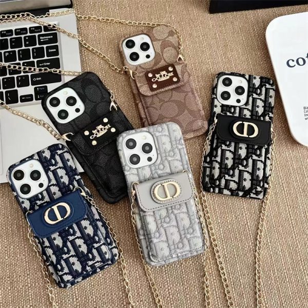 iphone16/16promax ケース チェーン ストラップ iphone16pro/15pro ケース 斜 めがけ ブランド dior パロディ iphone ケース iphone15/14/13ケース ショルダー 人気 アイフォン ケース カード ポケット付き スマホケース コーチ